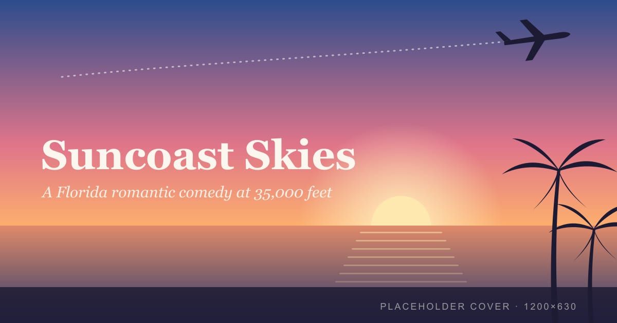 A sunset over the Gulf of Mexico with palm trees, and an airliner climbing across the sky.